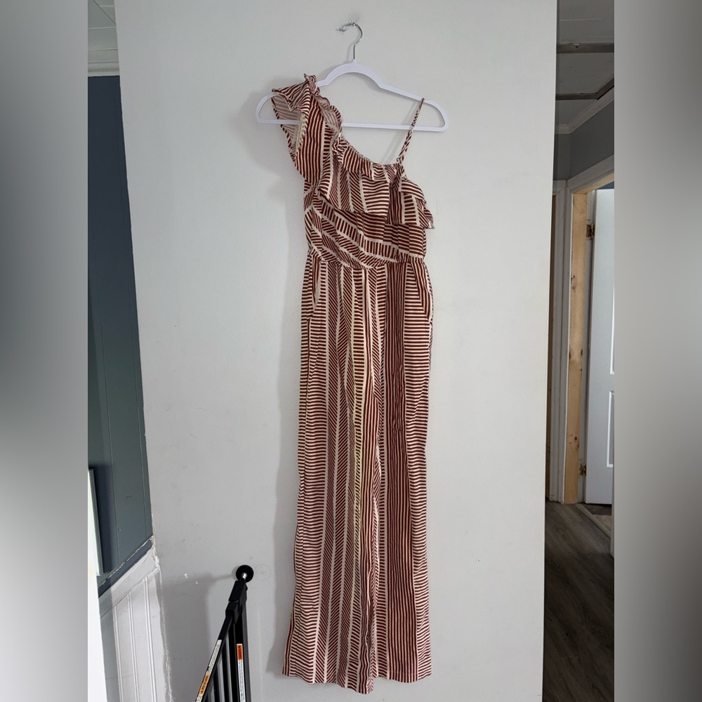 Lush | Rust Ruffle Shoulder Striped Jumpsuit